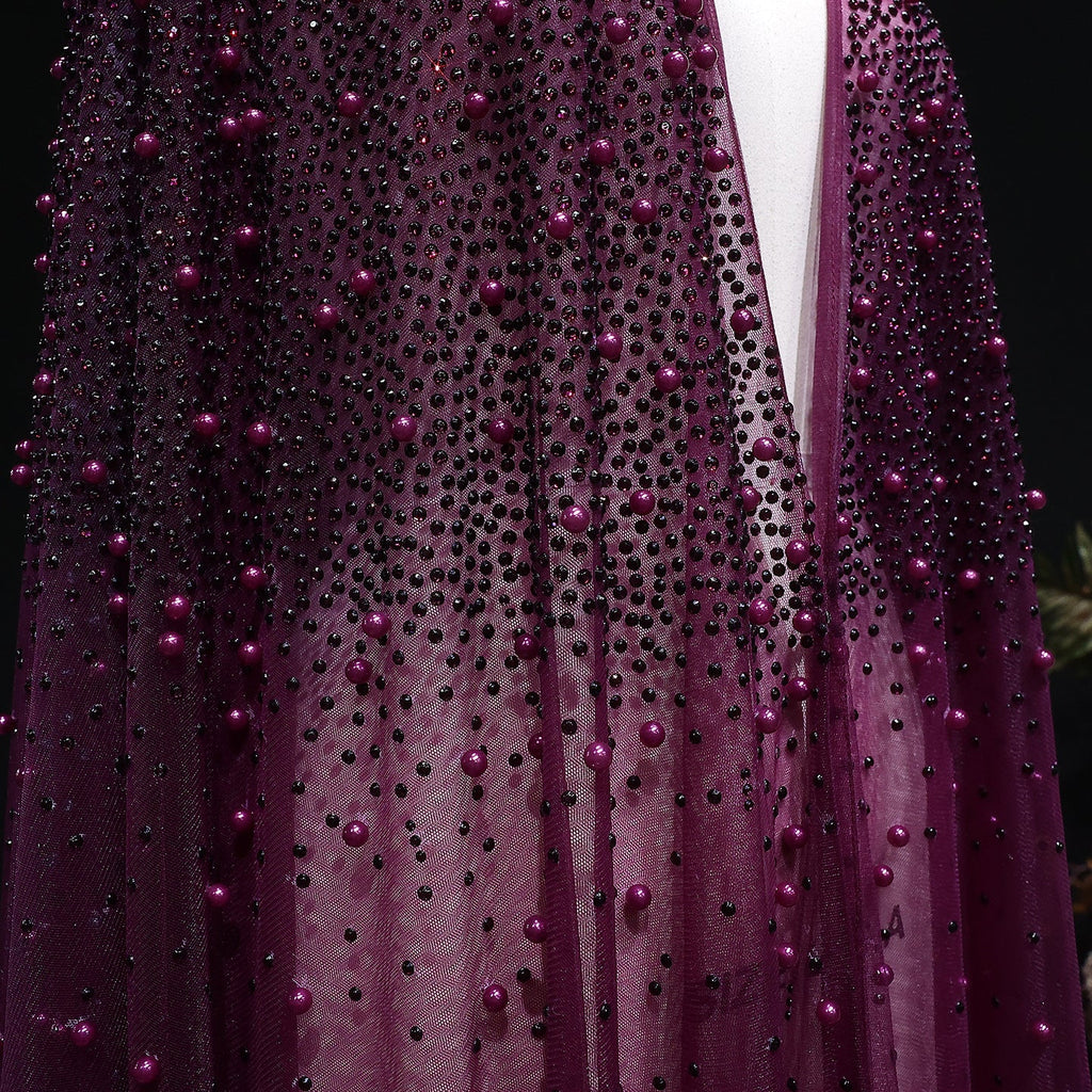 Elegant Black Beaded Long Cape Evening Dress SF082