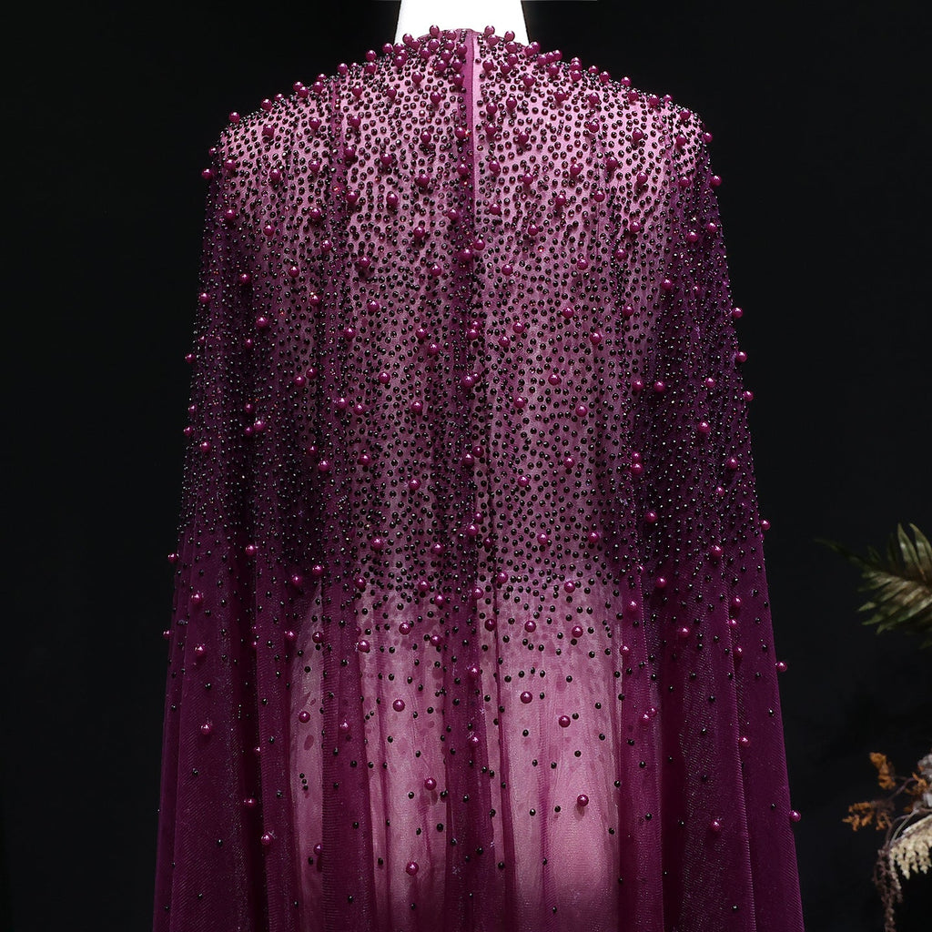 Elegant Black Beaded Long Cape Evening Dress SF082
