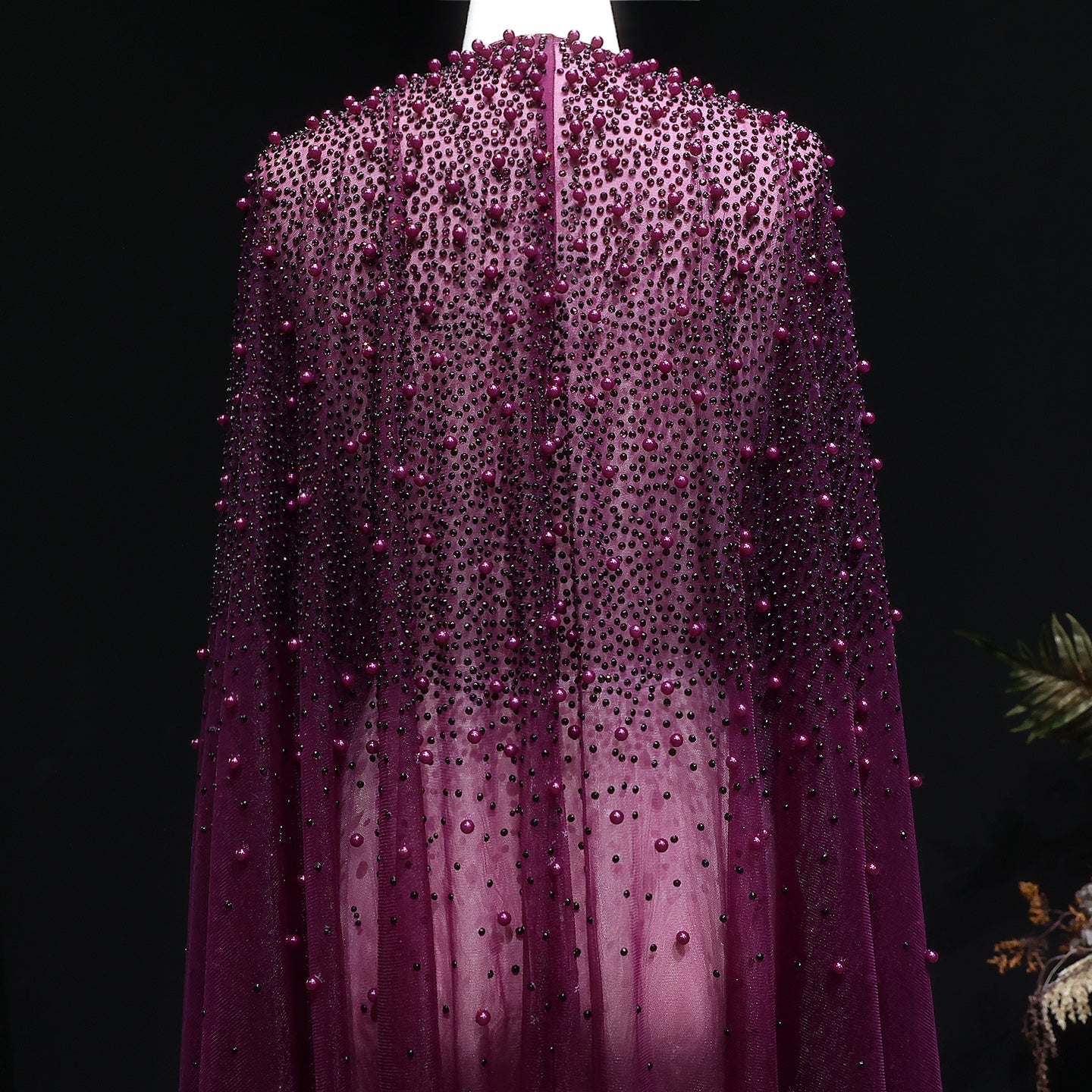 Elegant Black Beaded Long Cape Evening Dress SF082