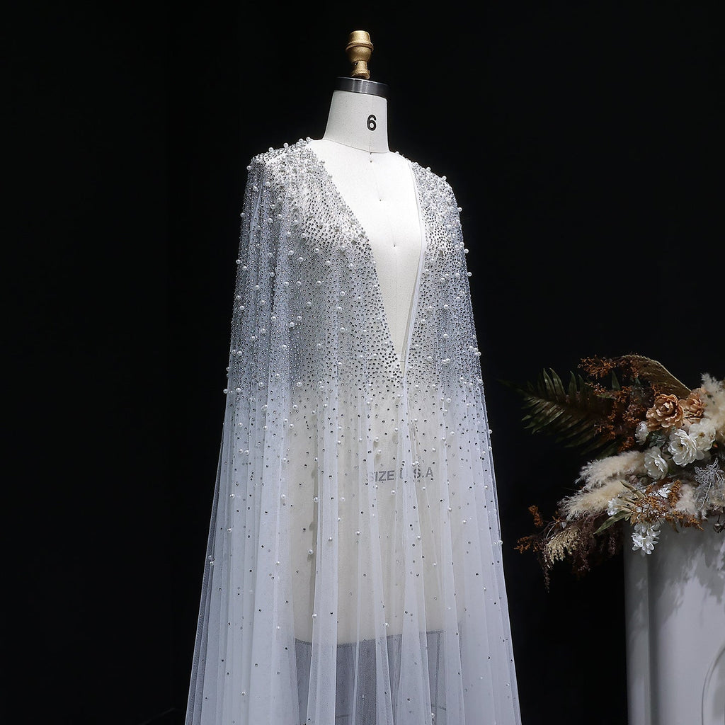 Elegant Black Beaded Long Cape Evening Dress SF082