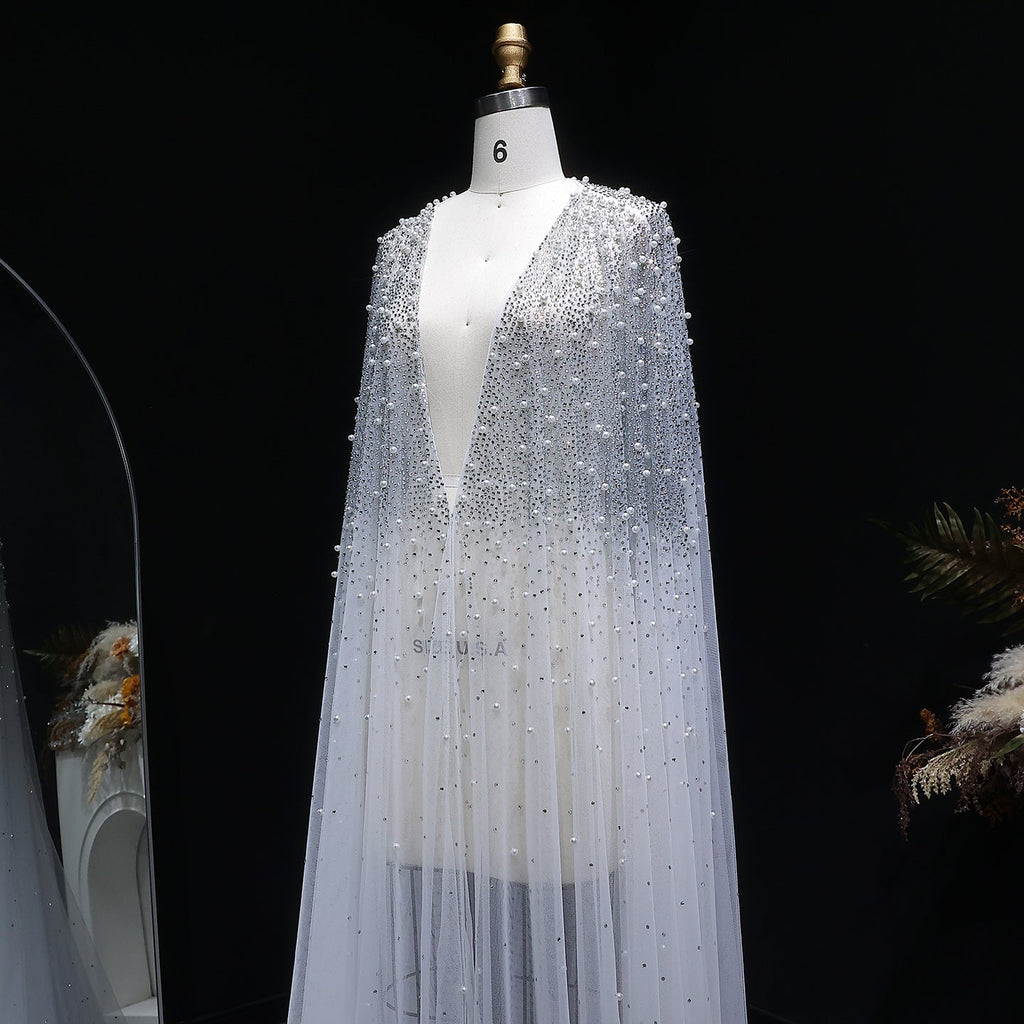 Elegant Black Beaded Long Cape Evening Dress SF082
