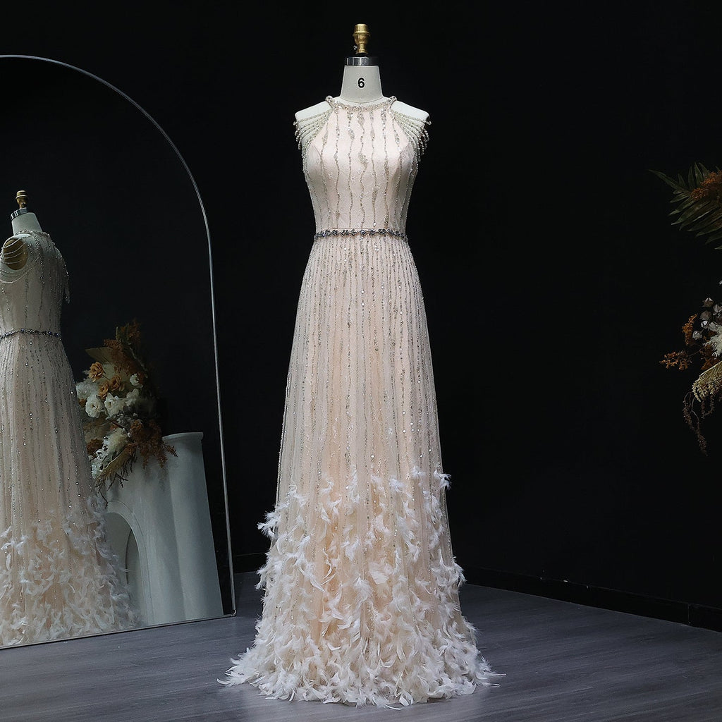 Luxury Feathers Lace Cream Evening Dress SS595