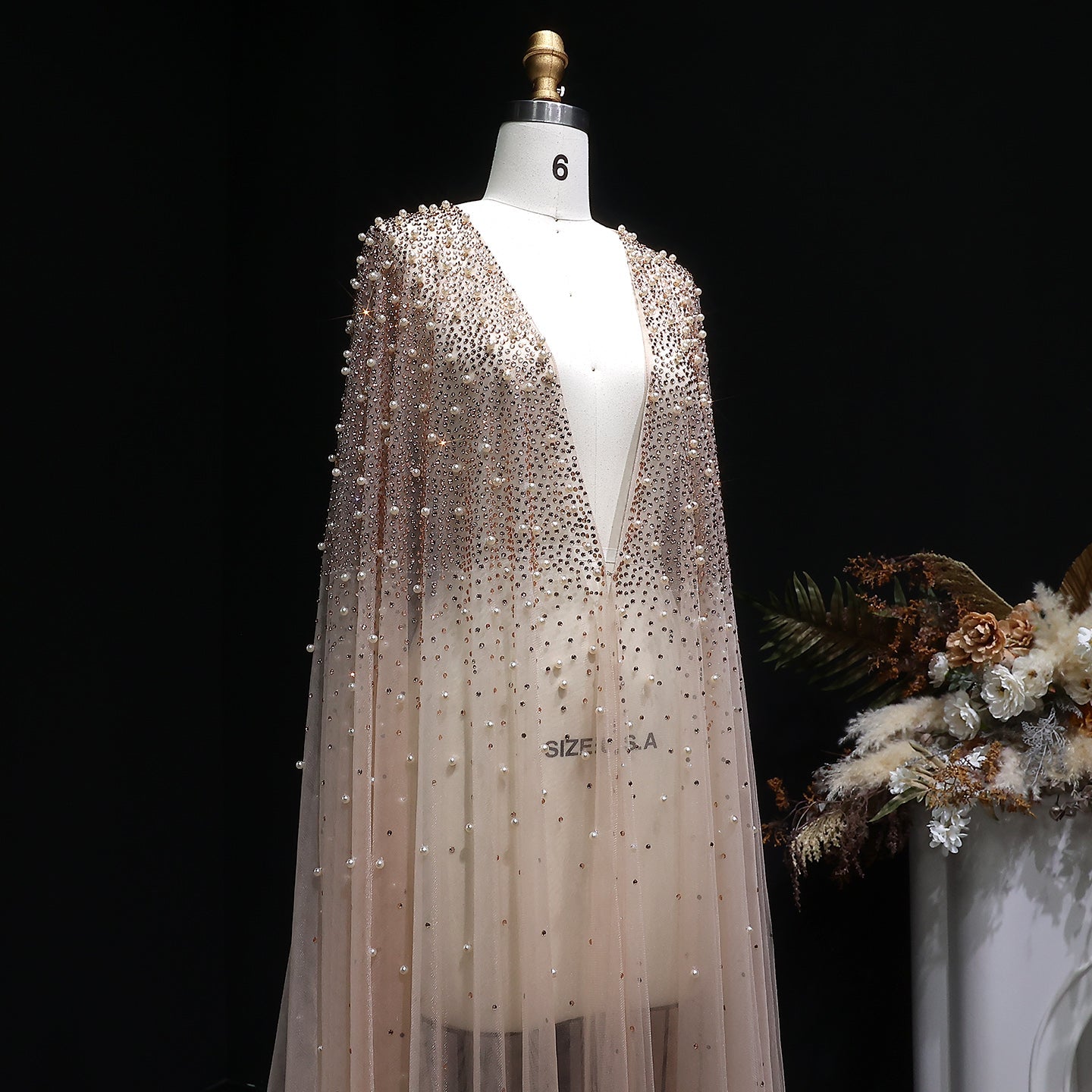 Elegant Black Beaded Long Cape Evening Dress SF082