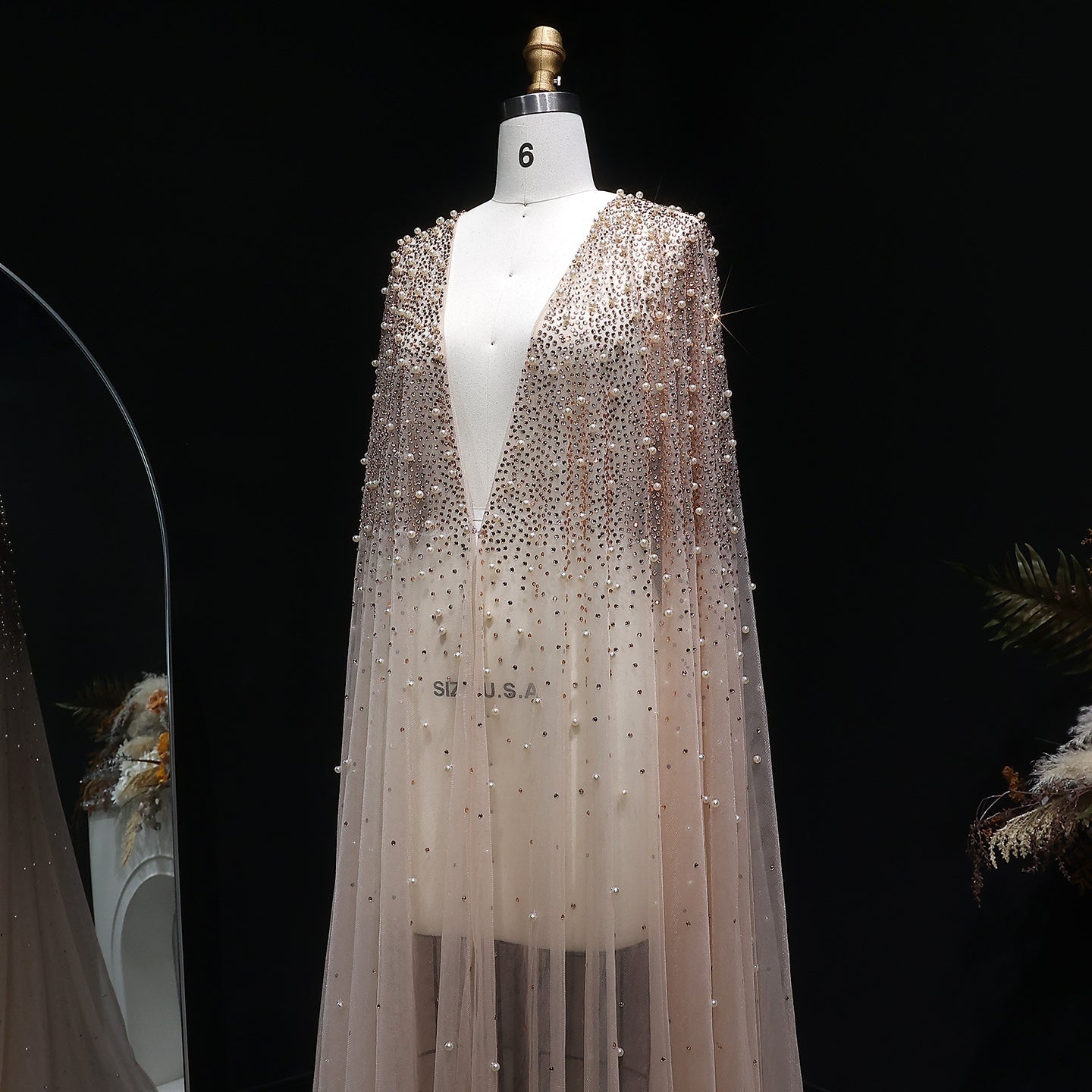 Elegant Black Beaded Long Cape Evening Dress SF082