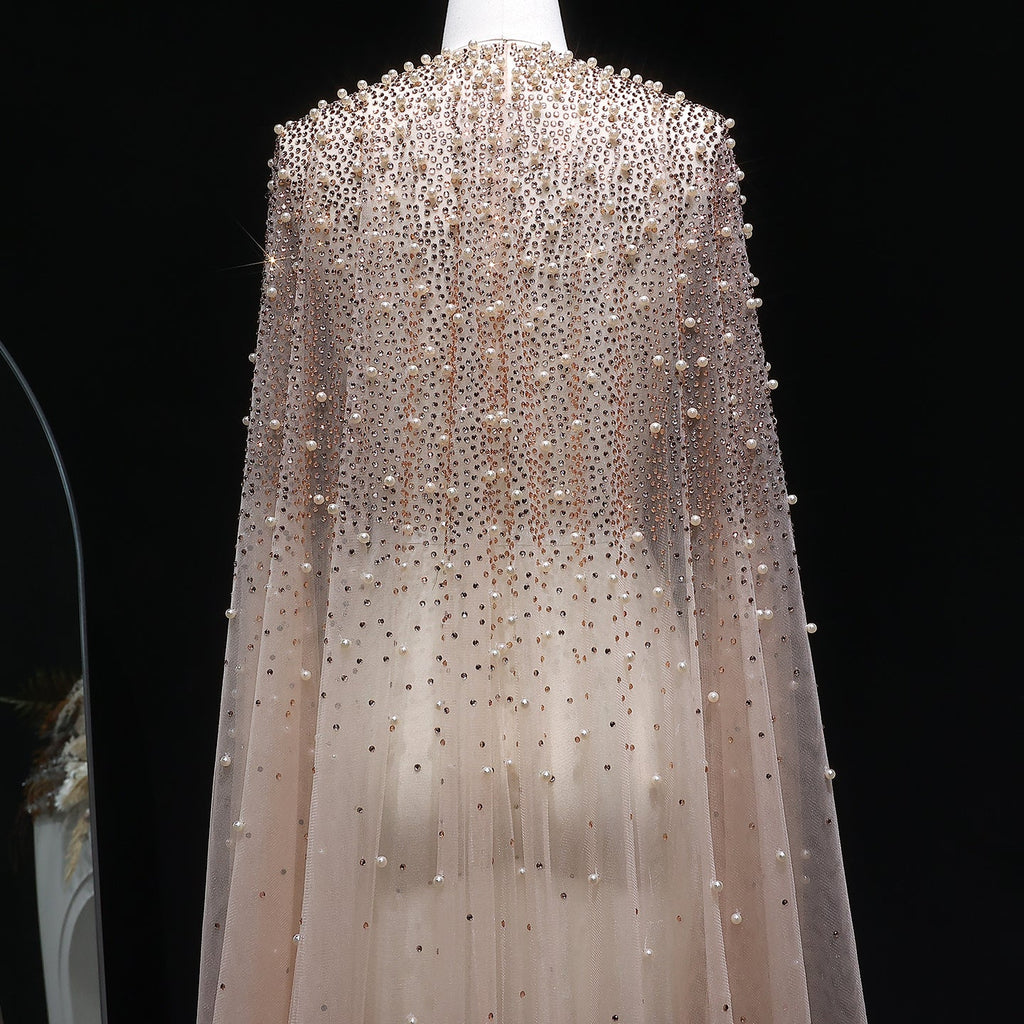 Elegant Black Beaded Long Cape Evening Dress SF082