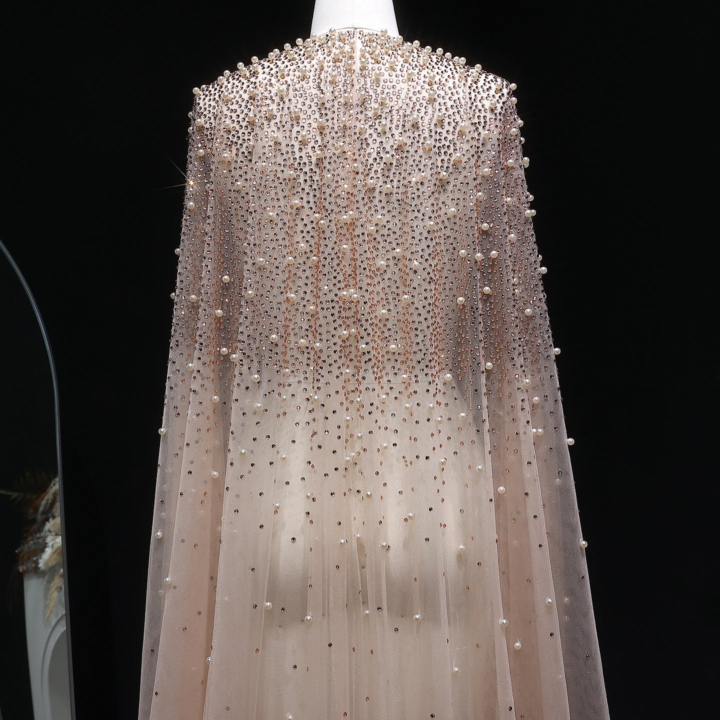 Elegant Black Beaded Long Cape Evening Dress SF082