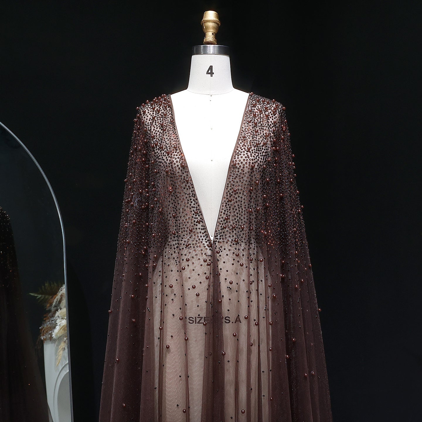 Elegant Black Beaded Long Cape Evening Dress SF082