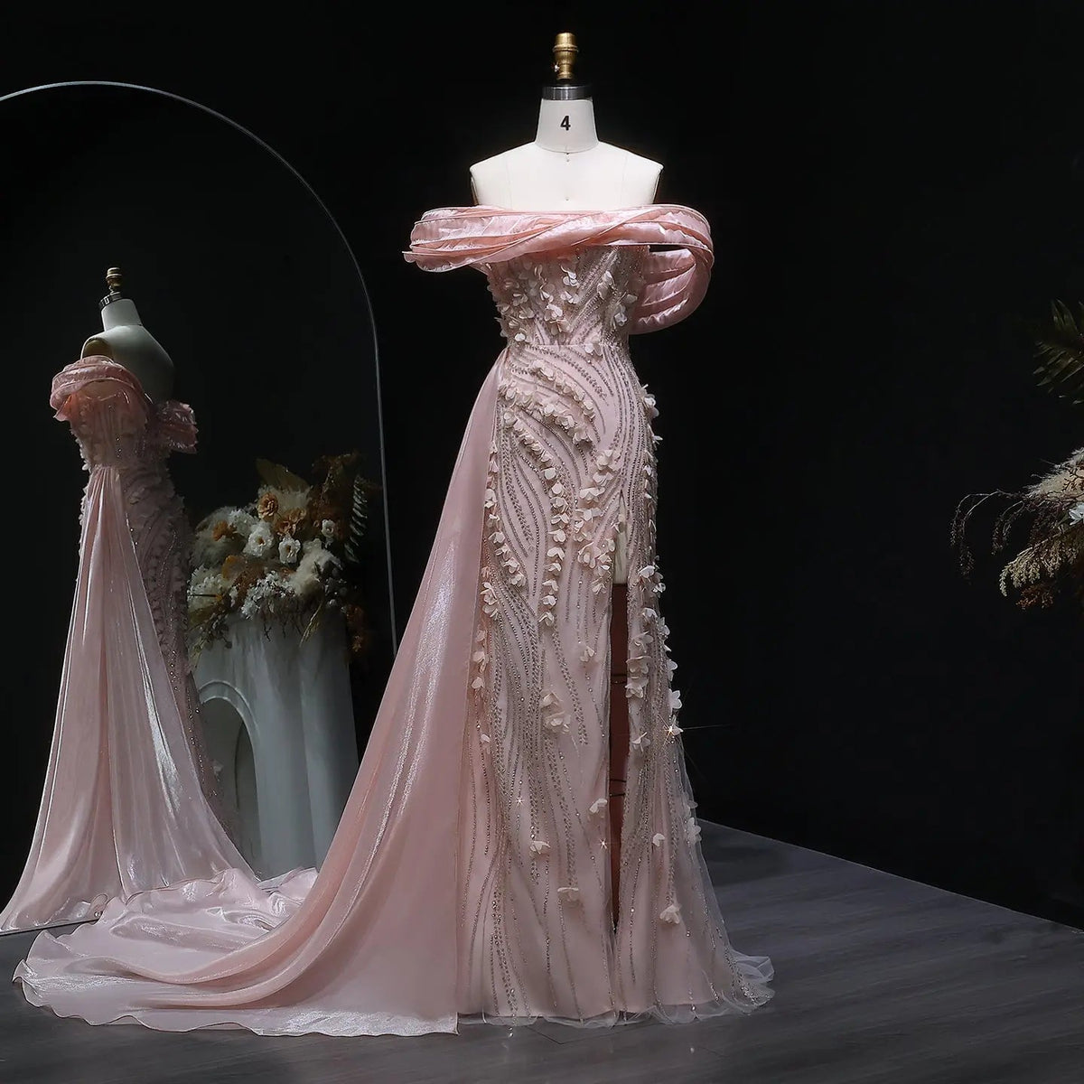 Glamorous Pink Sequin 3D Floral Off-the-Shoulder Evening Dress SS604