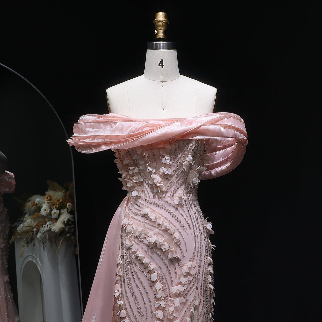 Pink Glamorous Sequin 3D Floral Off-the-Shoulder Evening Dress SS604