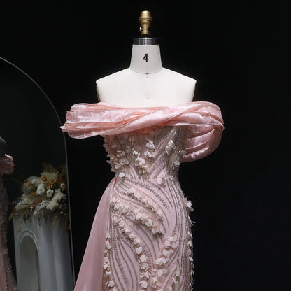 Glamorous Pink Sequin 3D Floral Off-the-Shoulder Evening Dress SS604