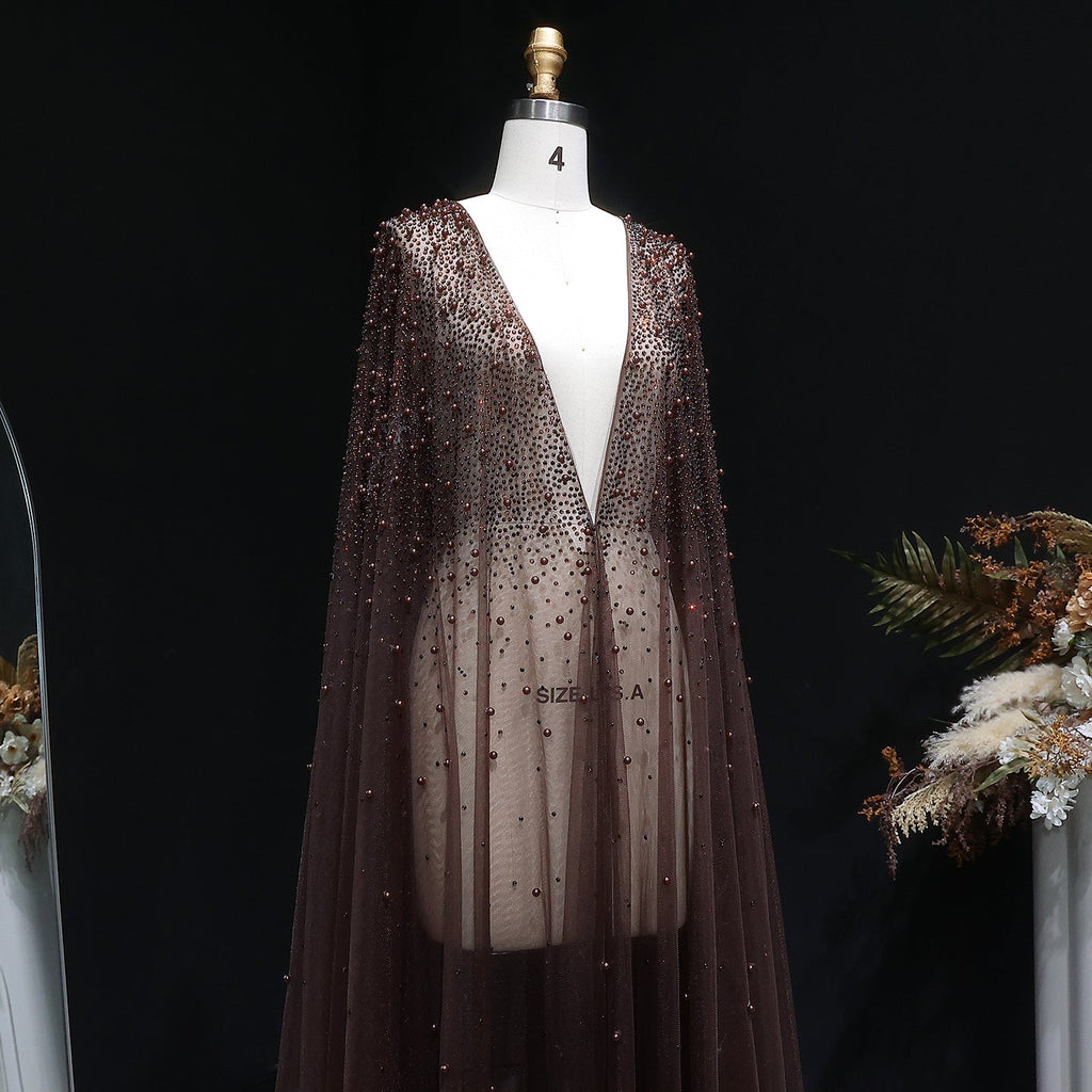 Elegant Black Beaded Long Cape Evening Dress SF082