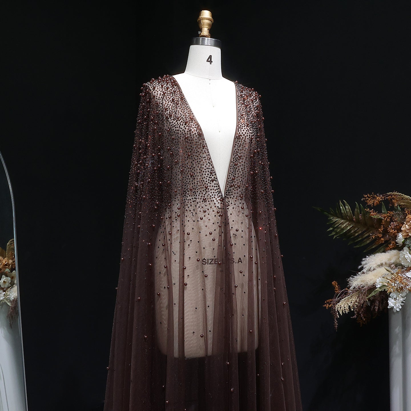 Elegant Black Beaded Long Cape Evening Dress SF082