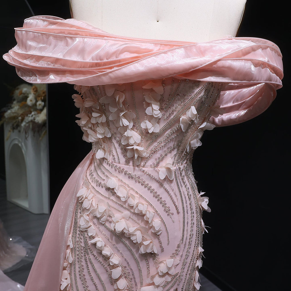 Pink Glamorous Sequin 3D Floral Off-the-Shoulder Evening Dress SS604