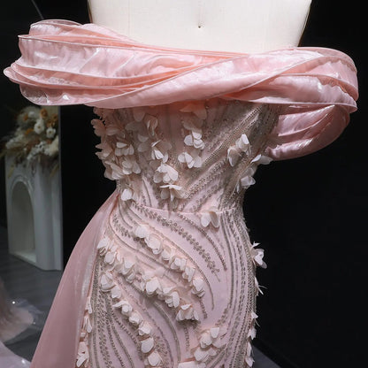 Glamorous Pink Sequin 3D Floral Off-the-Shoulder Evening Dress SS604