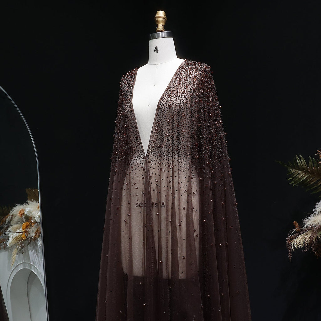 Elegant Black Beaded Long Cape Evening Dress SF082