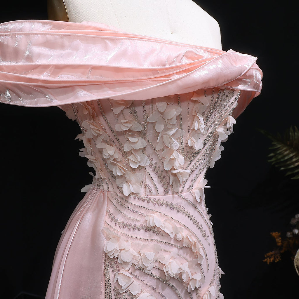 Pink Glamorous Sequin 3D Floral Off-the-Shoulder Evening Dress SS604