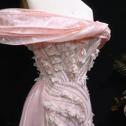 Glamorous Pink Sequin 3D Floral Off-the-Shoulder Evening Dress SS604