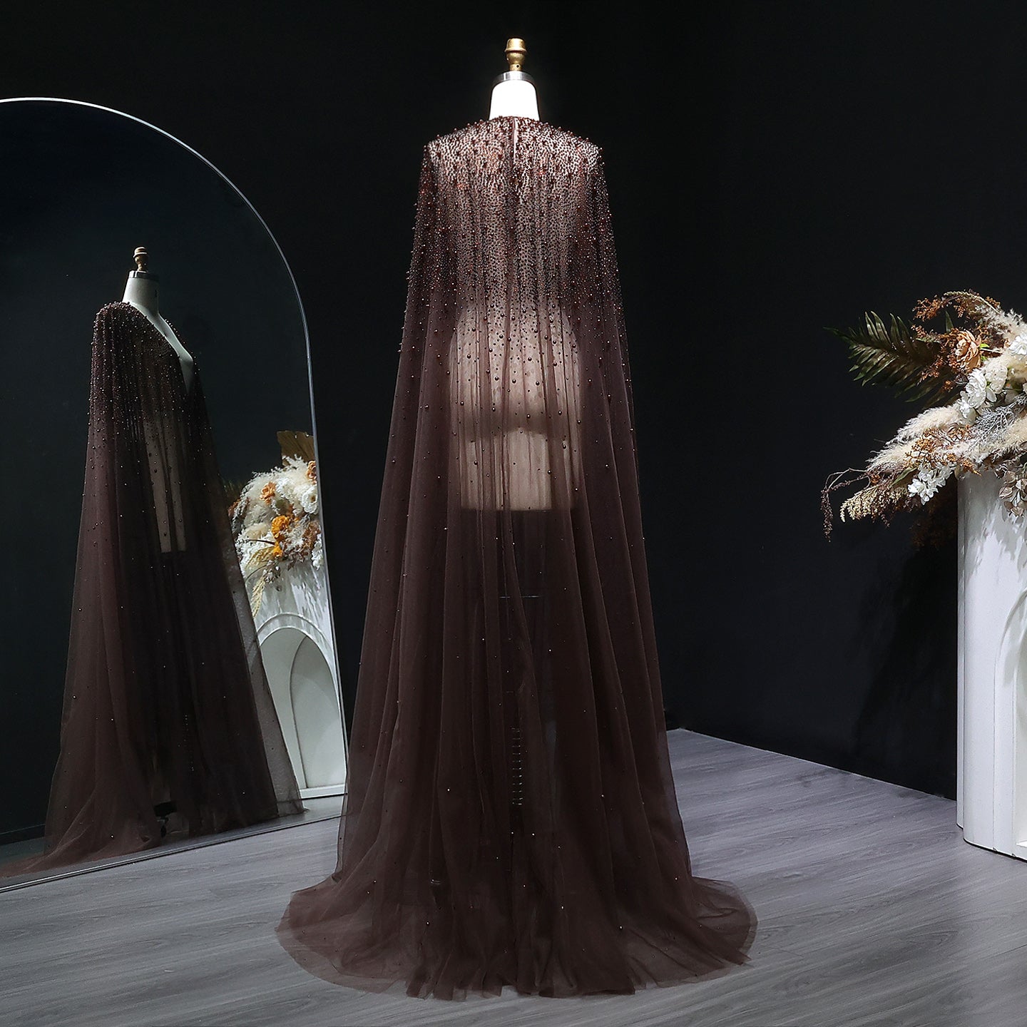 Elegant Black Beaded Long Cape Evening Dress SF082