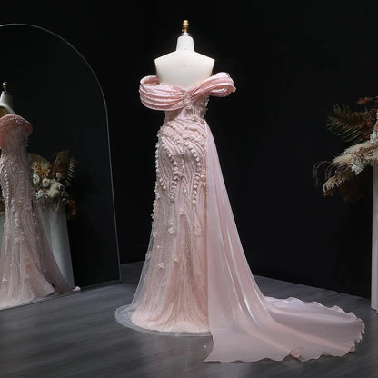 Glamorous Pink Sequin 3D Floral Off-the-Shoulder Evening Dress SS604