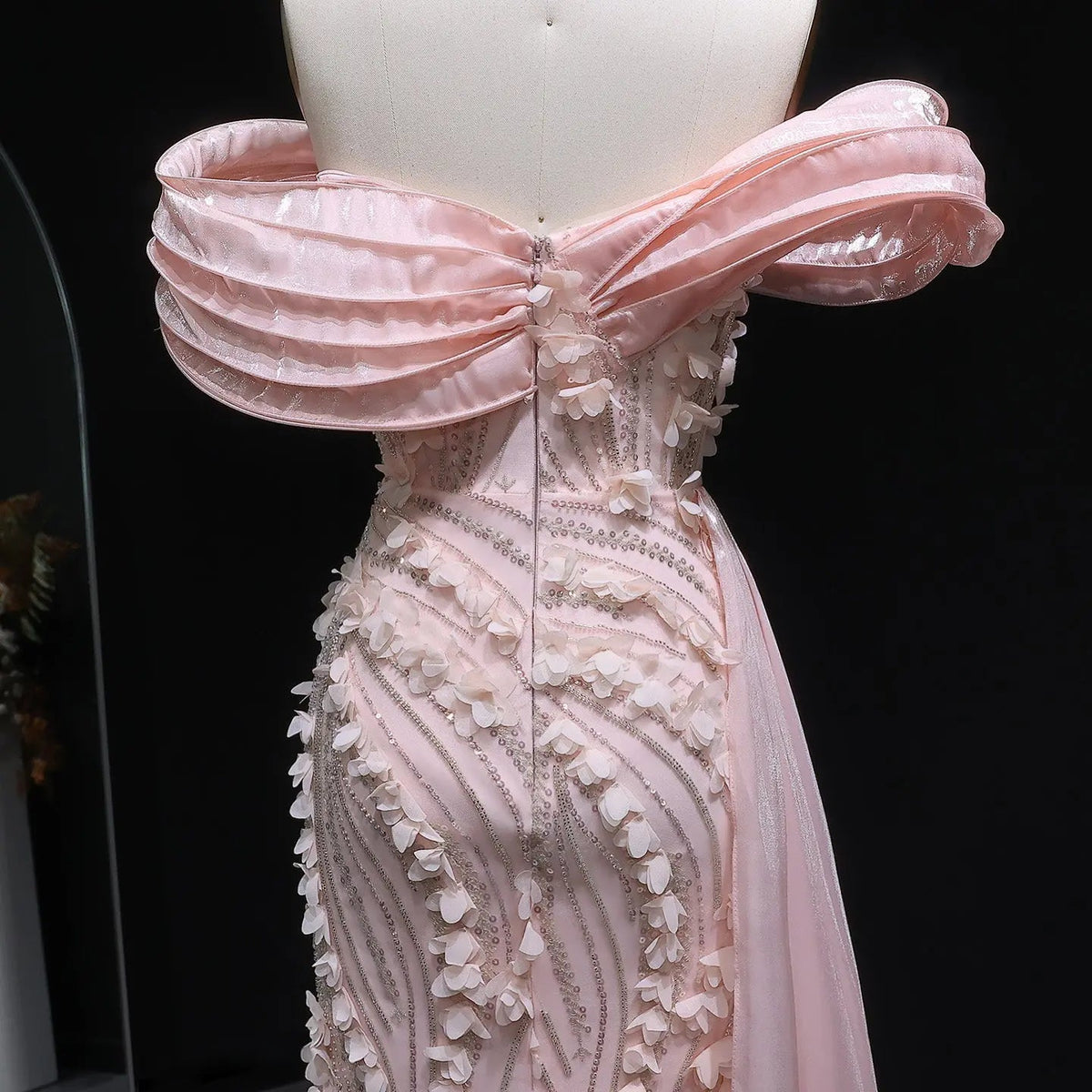 Glamorous Pink Sequin 3D Floral Off-the-Shoulder Evening Dress SS604