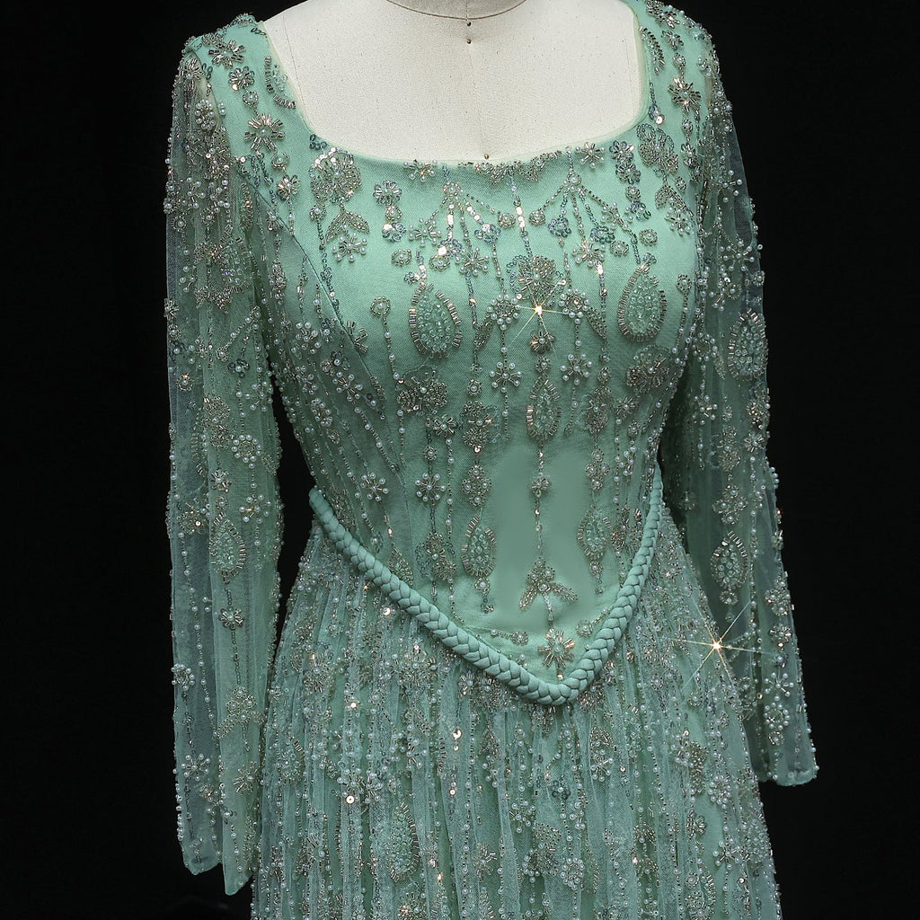 Luxury Sage Green Spaghetti A-Line Evening Dress SS693