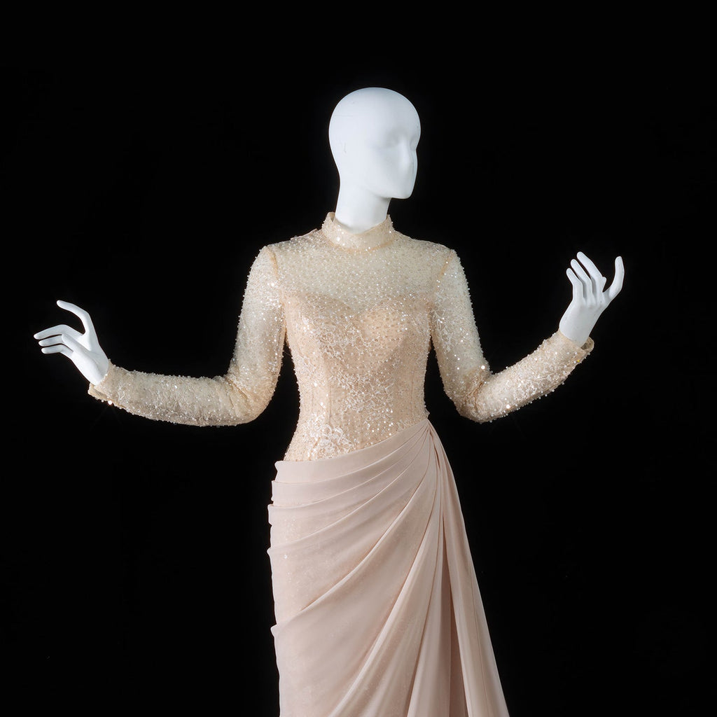 Luxury Violet Sheer Long Sleeve Train Evening Dress with Overskirt SF429