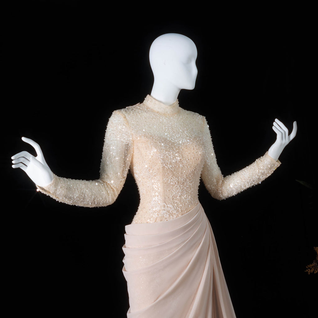 Luxury Violet Sheer Long Sleeve Train Evening Dress with Overskirt SF429