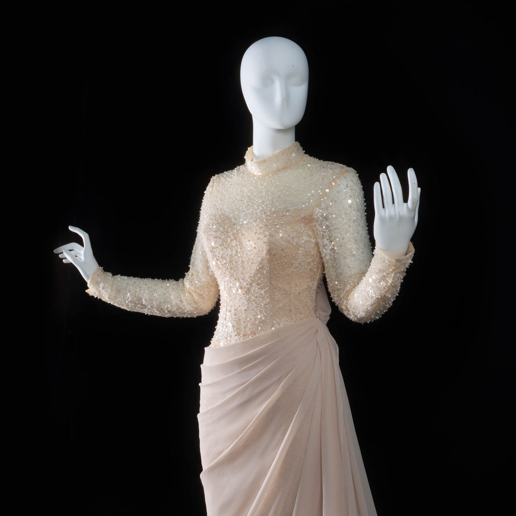 Luxury Violet Sheer Long Sleeve Train Evening Dress with Overskirt SF429