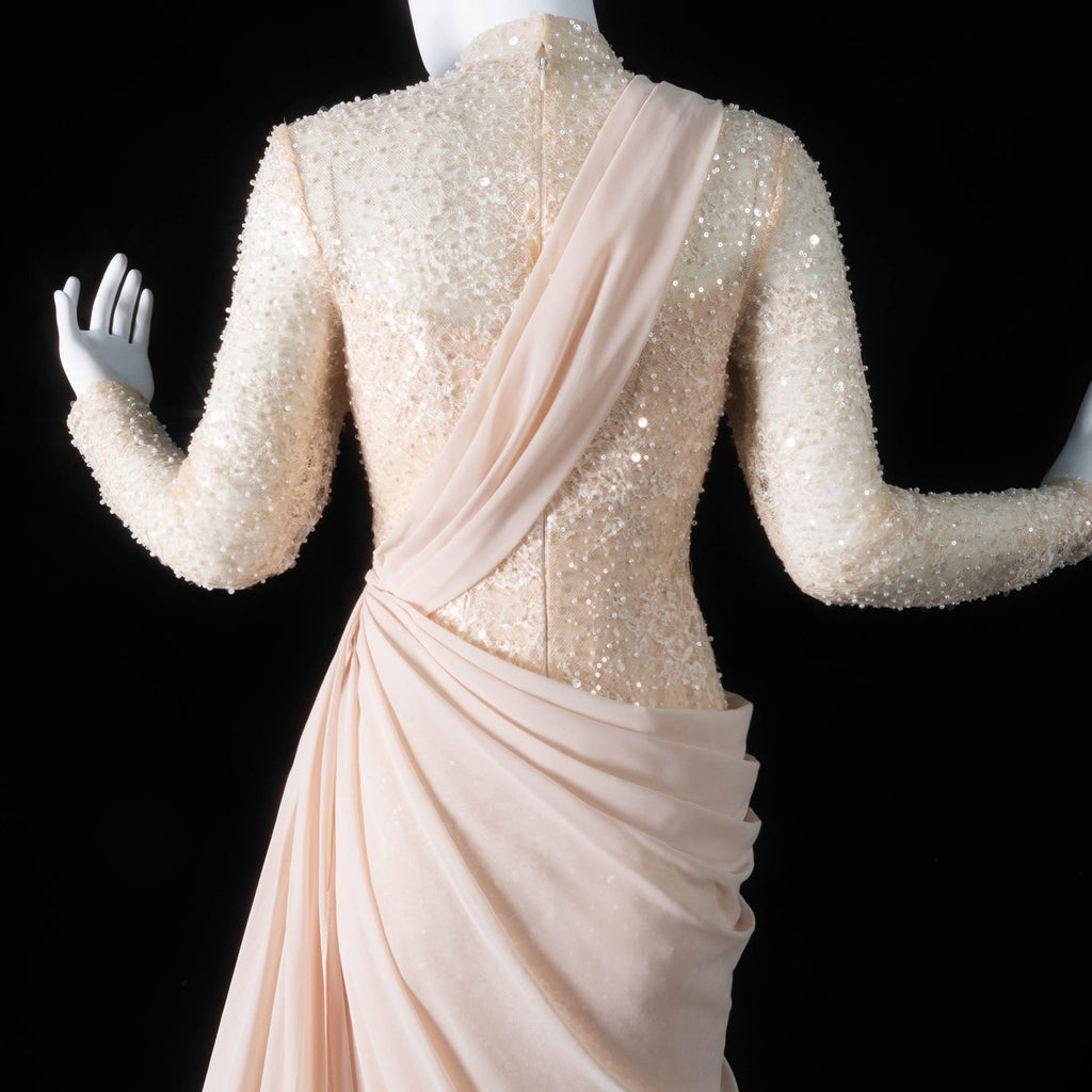 Luxury Violet Sheer Long Sleeve Train Evening Dress with Overskirt SF429