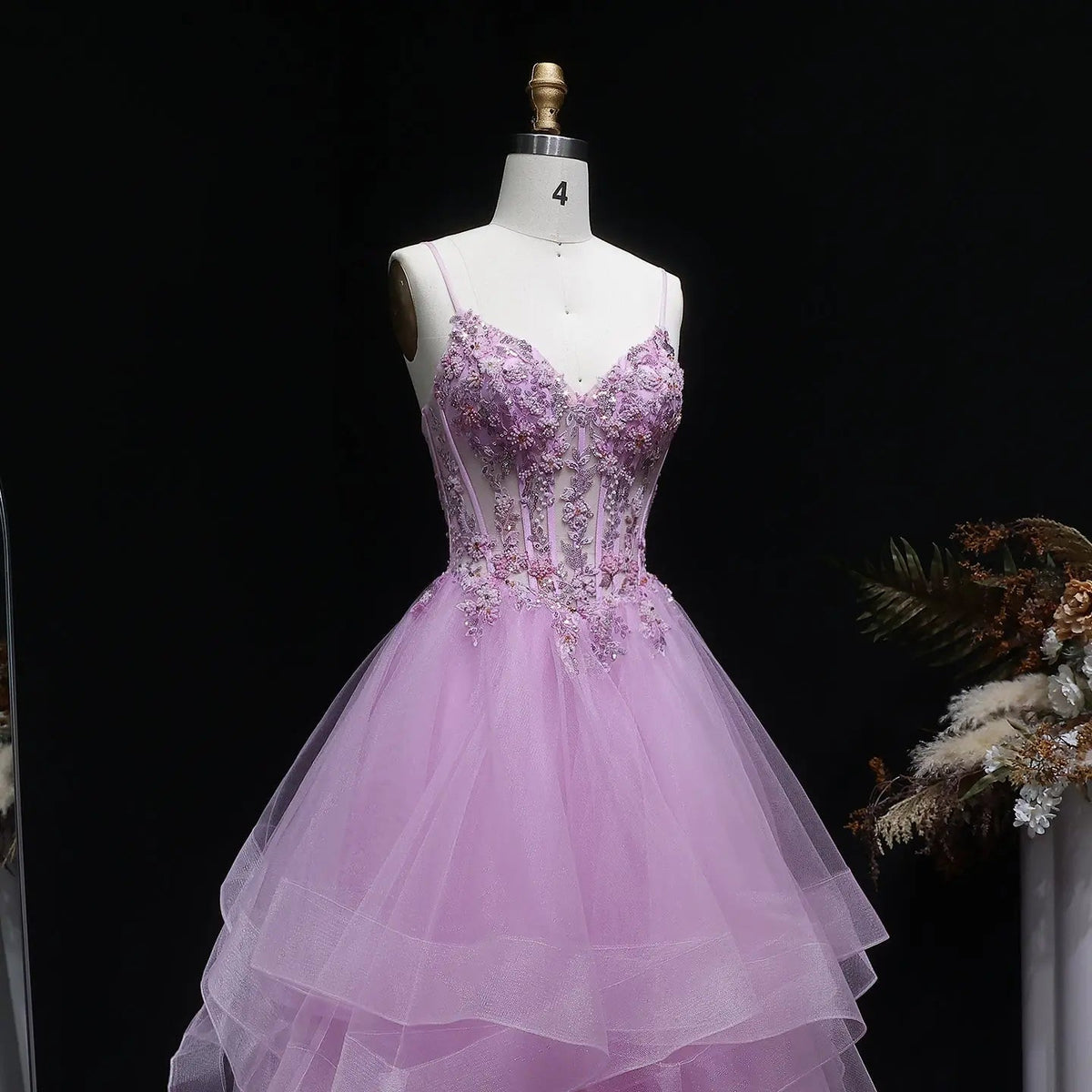 Luxury Pink Spaghetti Strap Beaded 3D Floral Tulle Prom Dress SH104