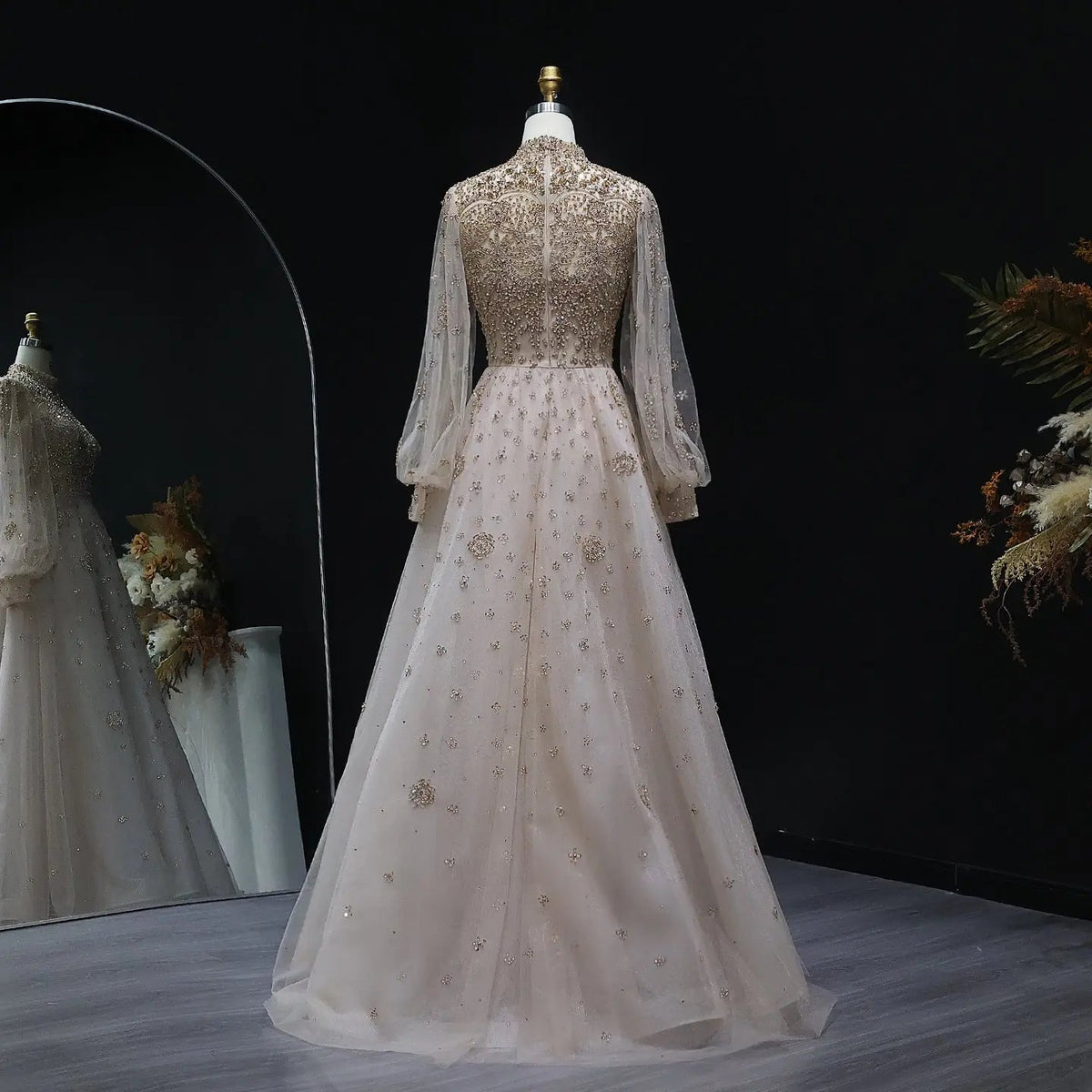 Elegant Champagne Evening Dress with Long Sleeves SS223
