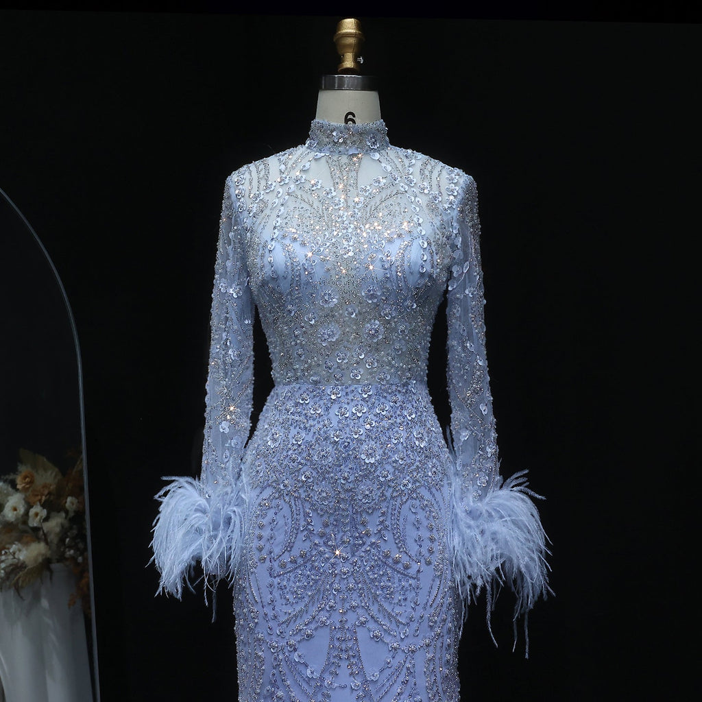 Luxury Feather Gold Long Sleeves High Neck Evening Dress SS659