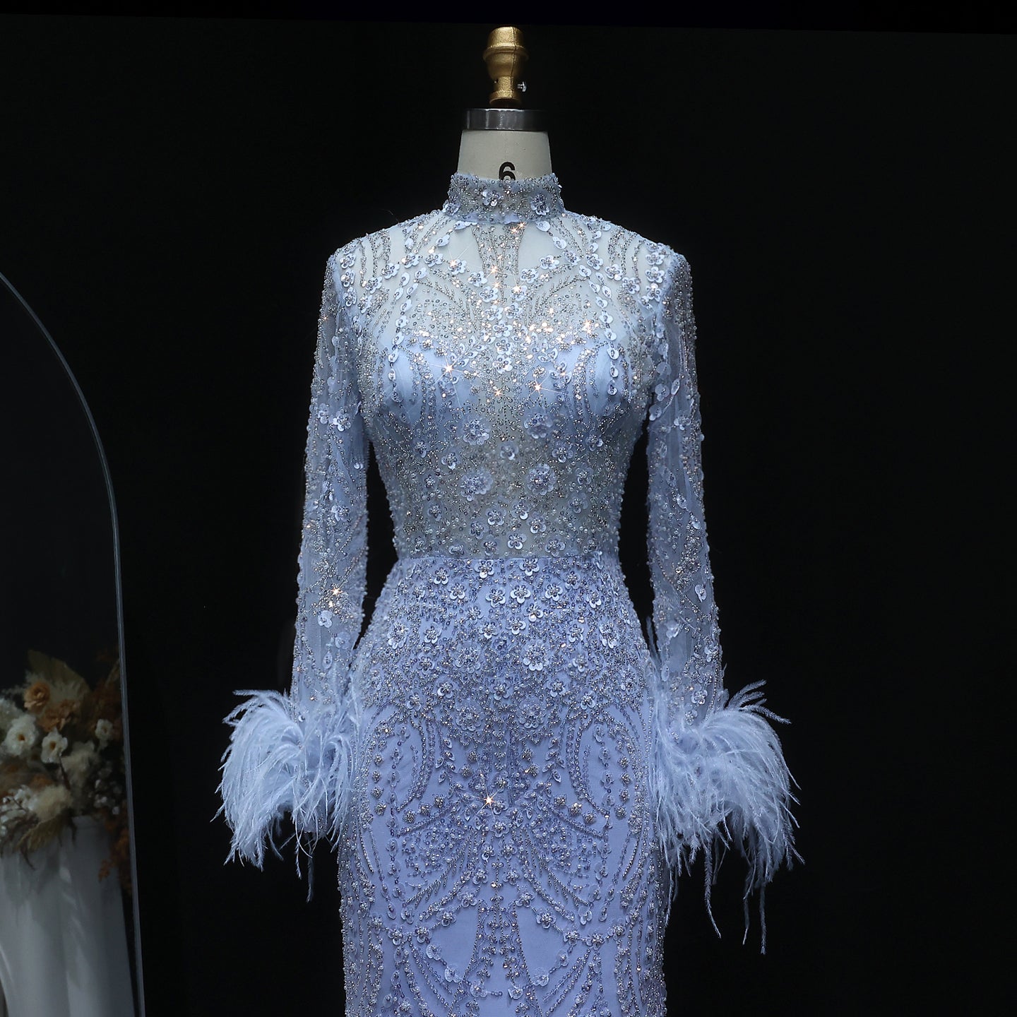 Luxury Feather Gold Long Sleeves High Neck Evening Dress SS659