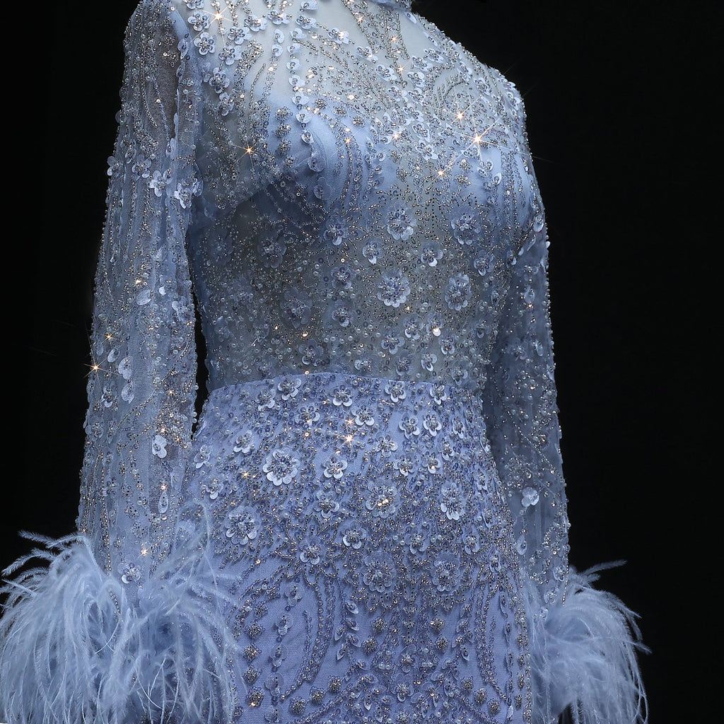 Luxury Feather Gold Long Sleeves High Neck Evening Dress SS659