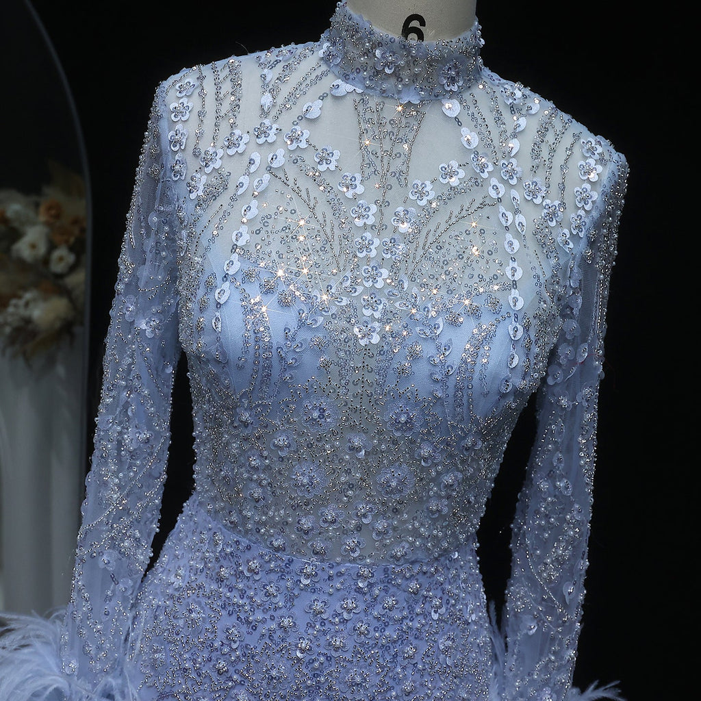 Luxury Feather Gold Long Sleeves High Neck Evening Dress SS659