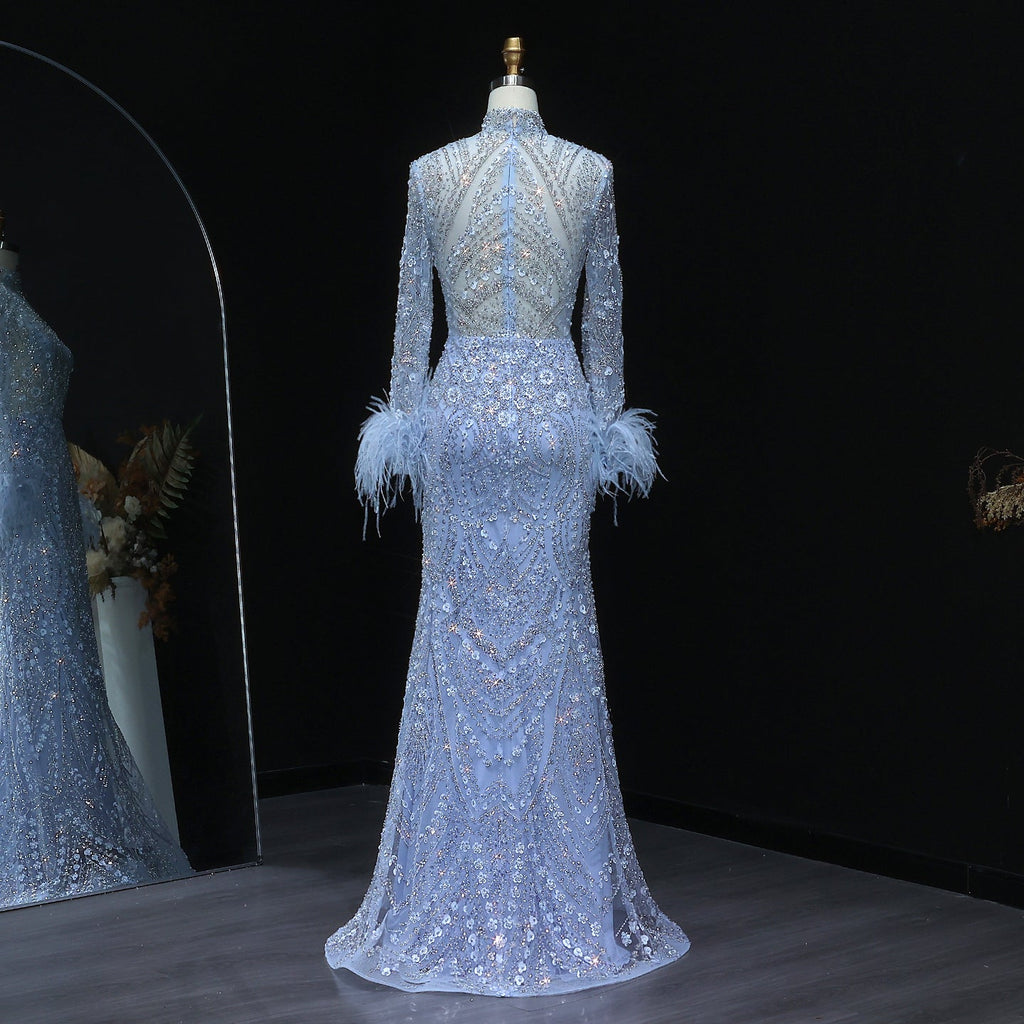 Luxury Feather Gold Long Sleeves High Neck Evening Dress SS659