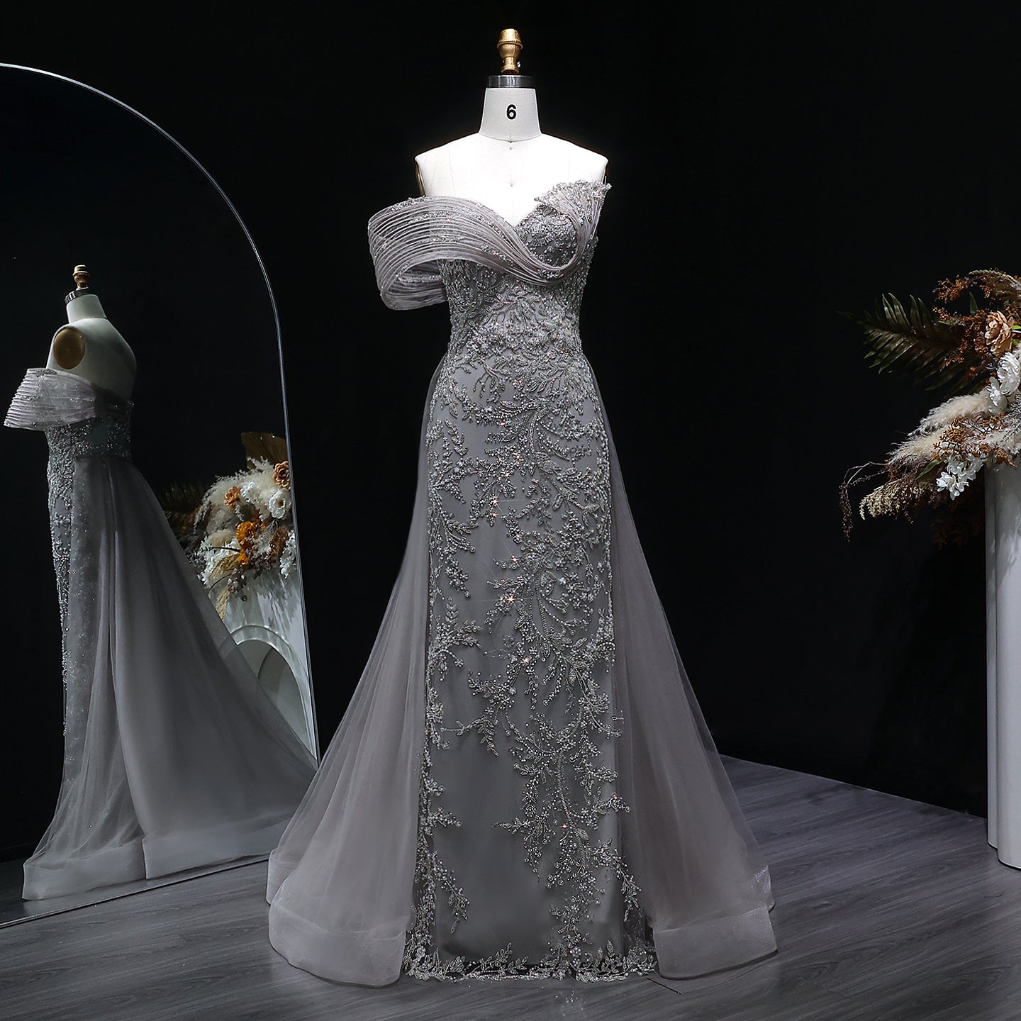 Elegant Gray Sheer Beaded Off-Shoulder Mermaid Evening Dress SS527