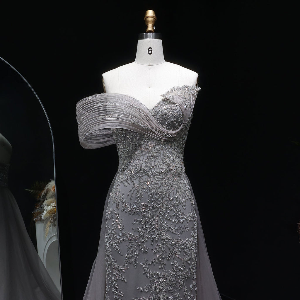 Elegant Gray Sheer Beaded Off-Shoulder Mermaid Evening Dress SS527