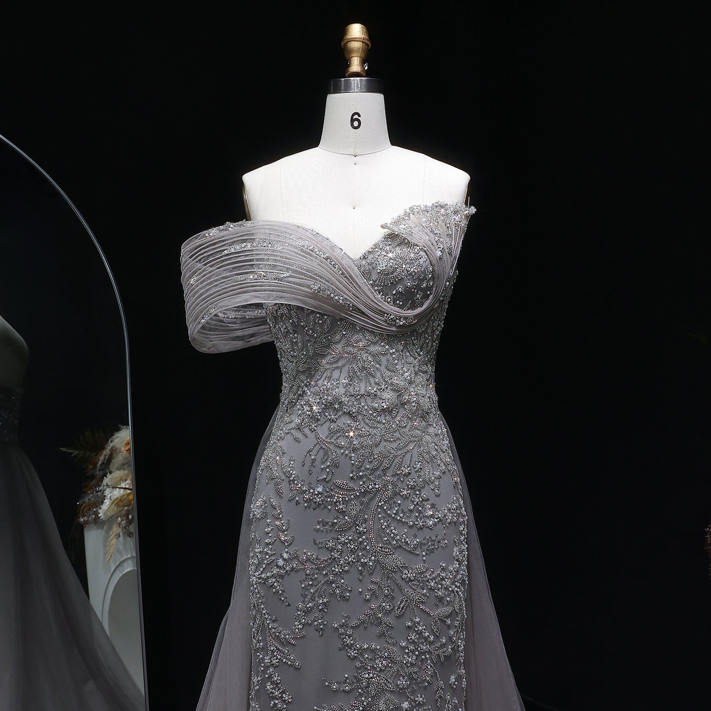 Elegant Gray Sheer Beaded Off-Shoulder Mermaid Evening Dress SS527
