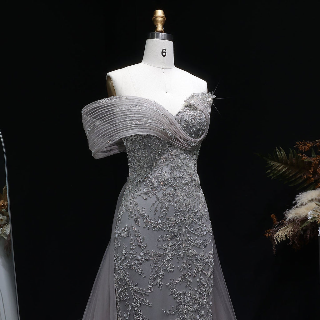 Elegant Gray Sheer Beaded Off-Shoulder Mermaid Evening Dress SS527