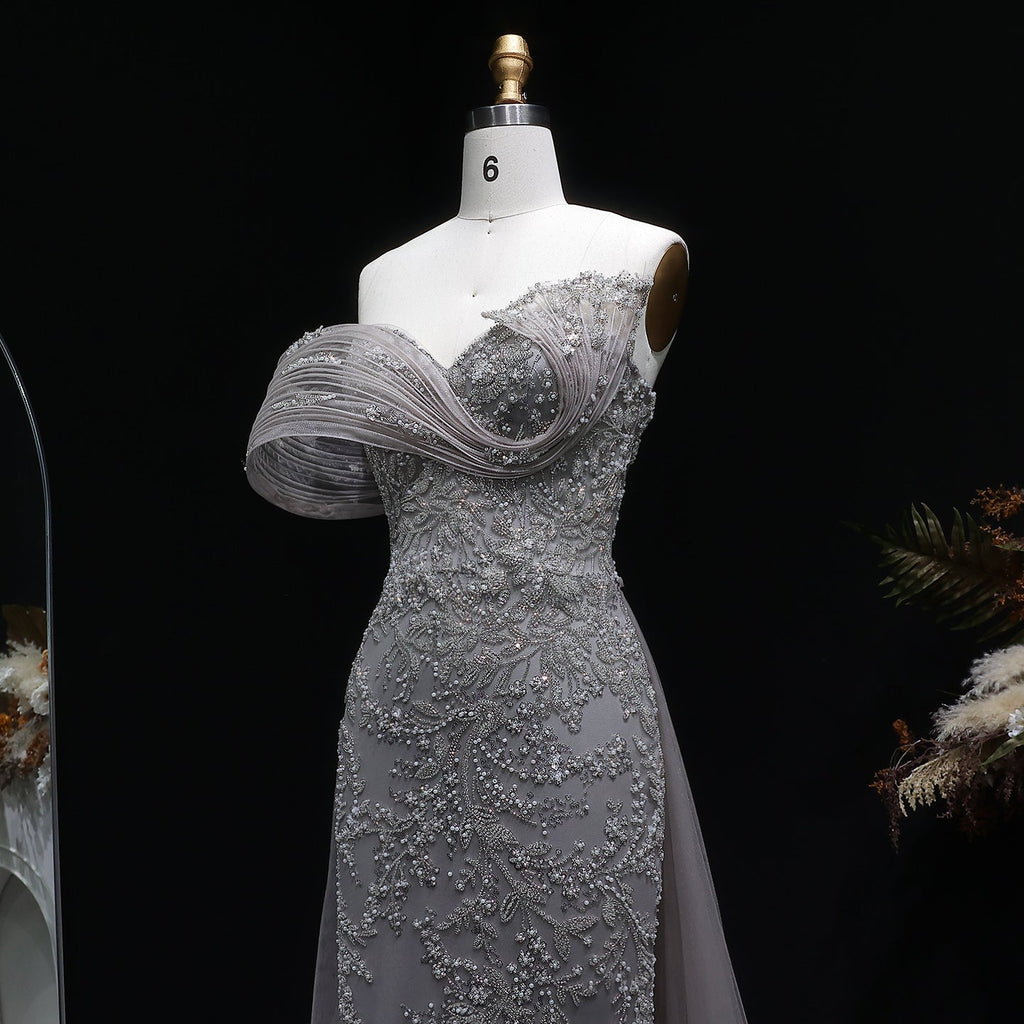 Elegant Gray Sheer Beaded Off-Shoulder Mermaid Evening Dress SS527