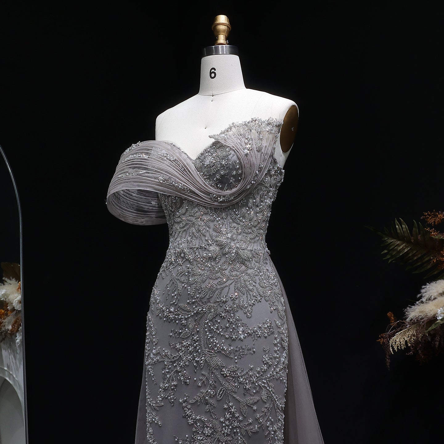 Elegant Gray Sheer Beaded Off-Shoulder Mermaid Evening Dress SS527