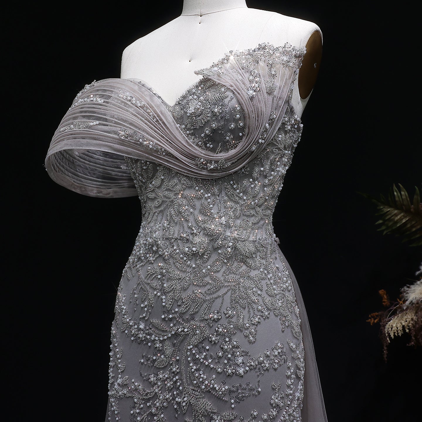 Elegant Gray Sheer Beaded Off-Shoulder Mermaid Evening Dress SS527