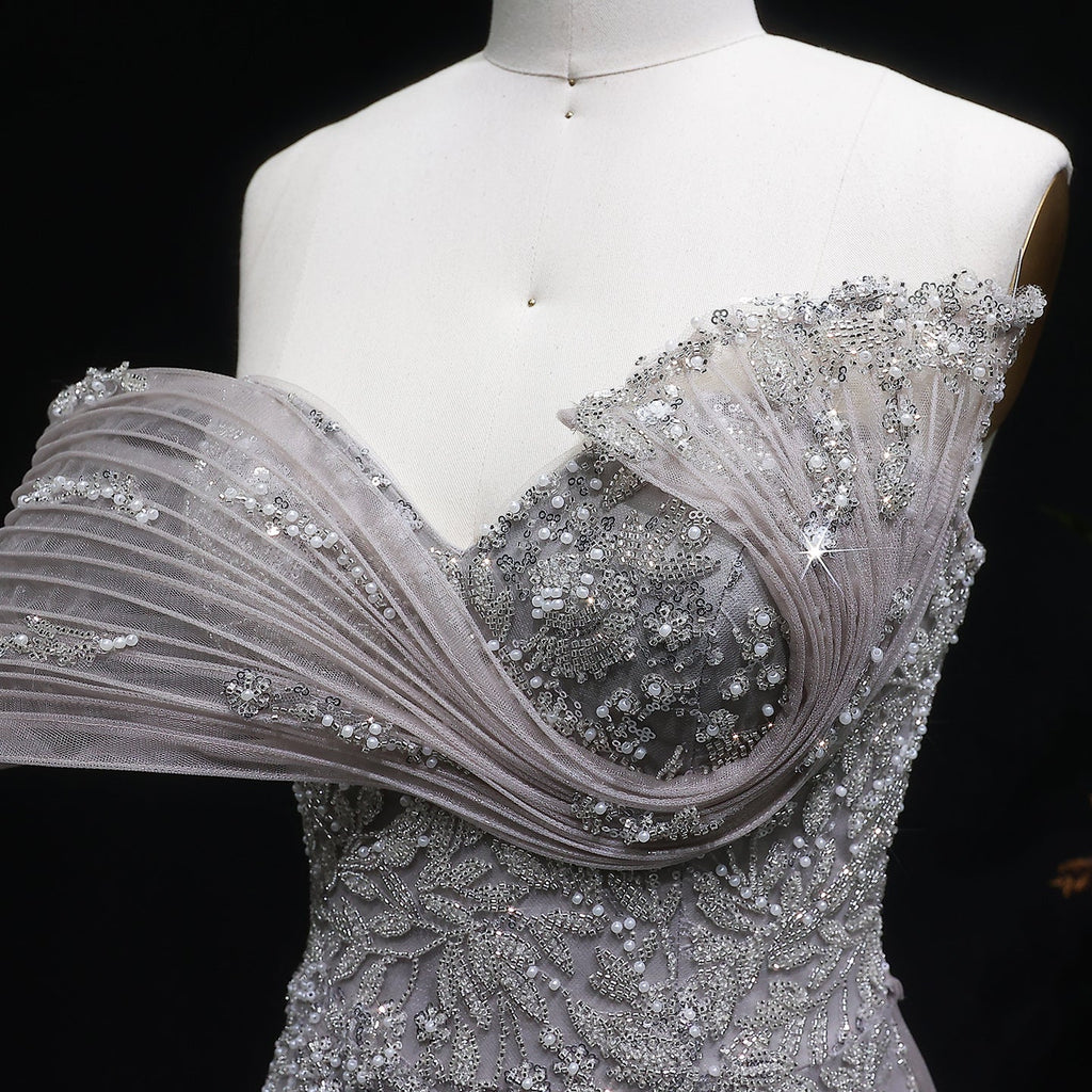 Elegant Gray Sheer Beaded Off-Shoulder Mermaid Evening Dress SS527