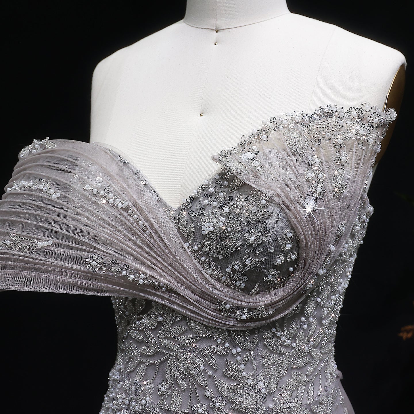 Elegant Gray Sheer Beaded Off-Shoulder Mermaid Evening Dress SS527