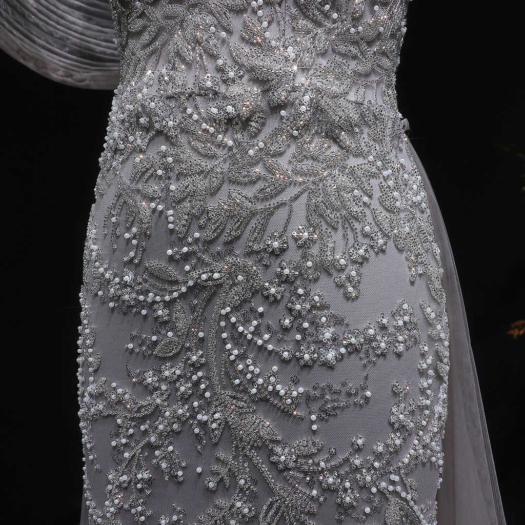 Elegant Gray Sheer Beaded Off-Shoulder Mermaid Evening Dress SS527