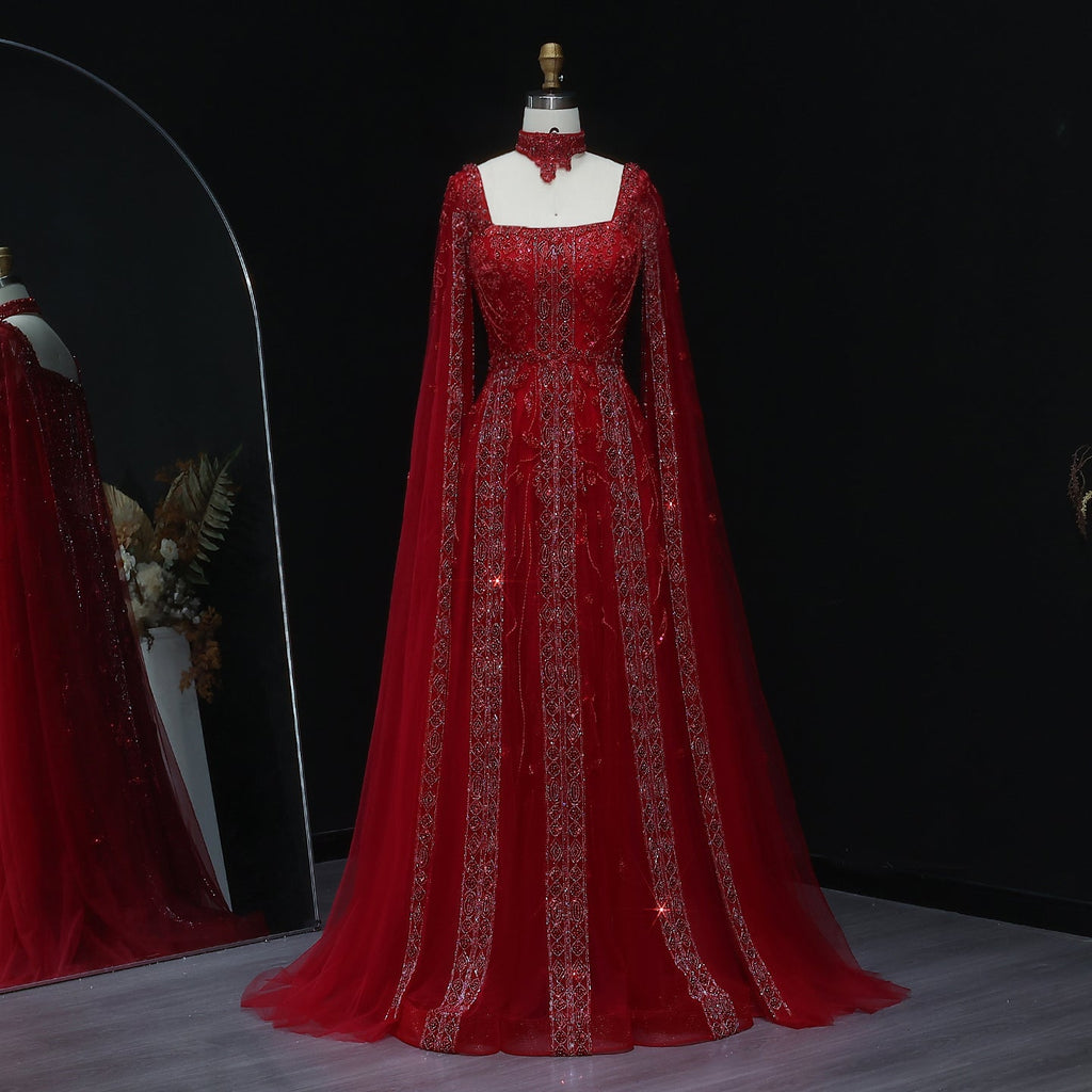 Luxury Beaded Burgundy Evening Dress with Cape Sleeve SS543