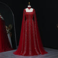 Luxury Beaded Burgundy Evening Dress with Cape Sleeve SS543
