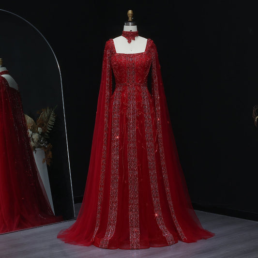 Luxury Beaded Burgundy Evening Dress with Cape Sleeve SS543