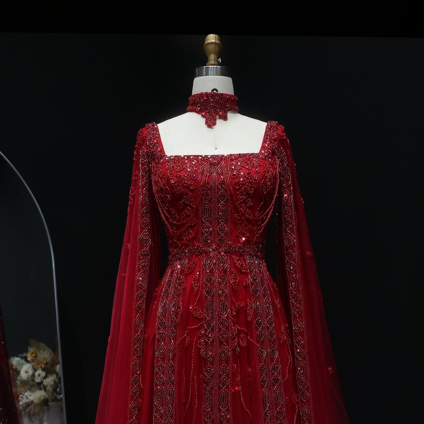 Luxury Beaded Burgundy Evening Dress with Cape Sleeve SS543